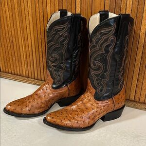 JB DILLON MENS OSTRICH LEATHER COWBOY BOOTS SZ 7 D BLACK BROWN EMBROIDERED SHAFT